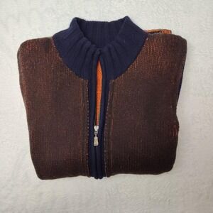 Ted Baker Jean Sweater Mens Medium Brown Navy Full Zip Lambswool Knit Mock Neck